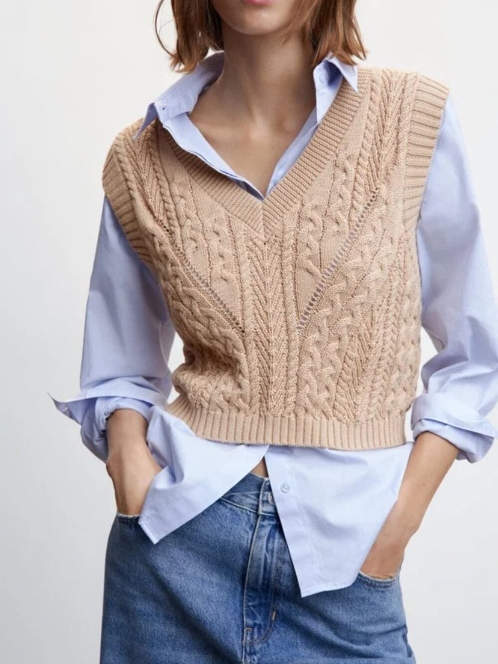 MNG Mango Women's Braided-Knit Tan Gilet/Vest Size M